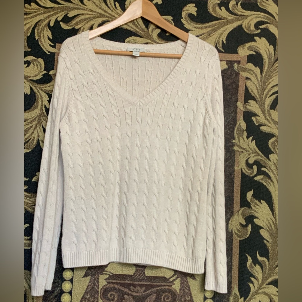 Ann Taylor Loft Classic Cable 100% Cotton Knit V-Neck Sweater, Size L Large